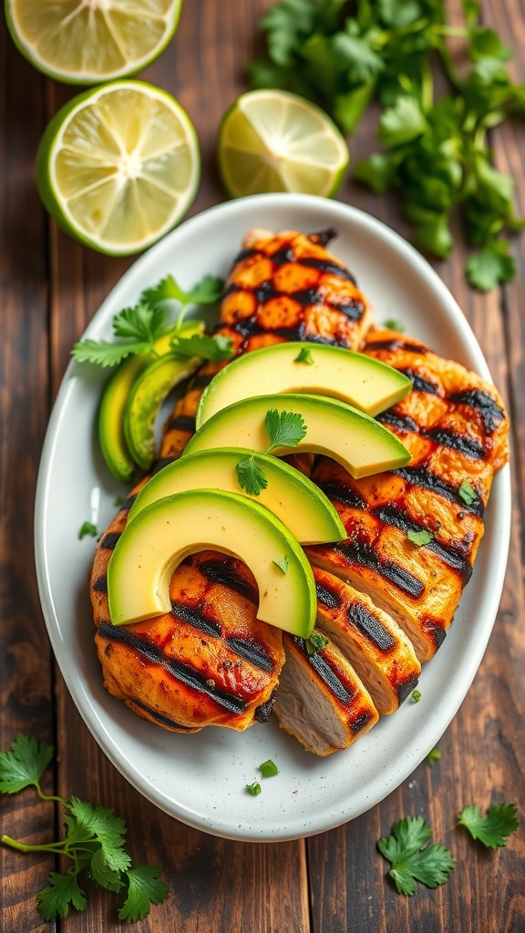 Zesty chipotle-lime turkey with avocado on a plate, garnished with lime wedges and cilantro.